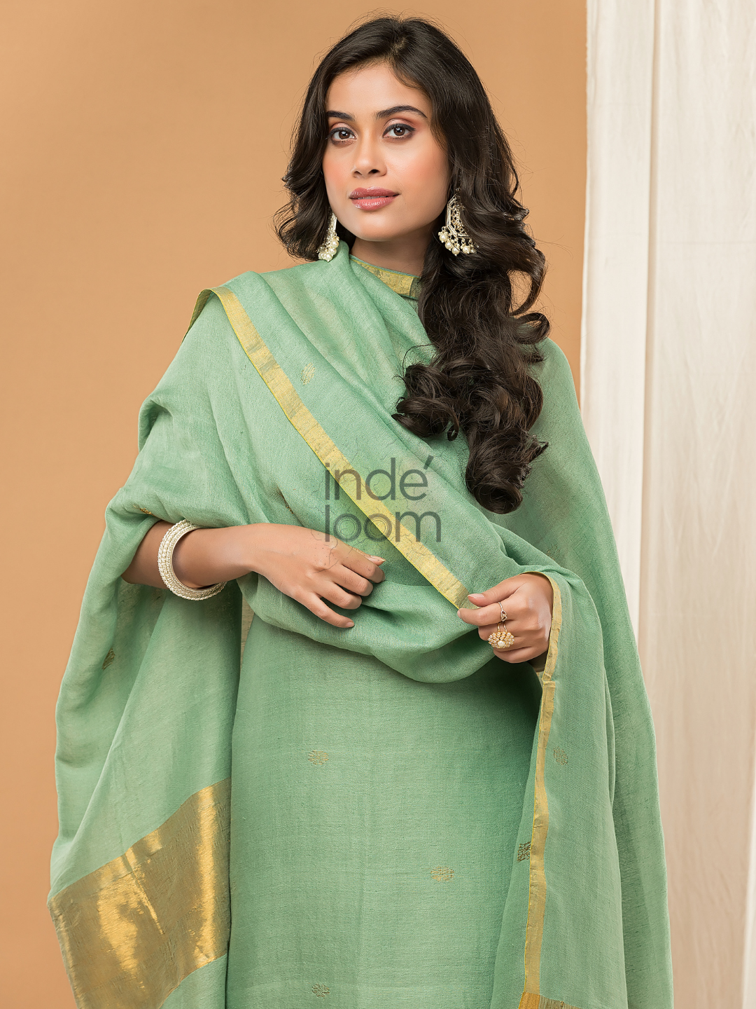 Pastel Green color with gold Jamdani 2-Piece Set Kurti & Dupatta (UNSTITCHED) - 160