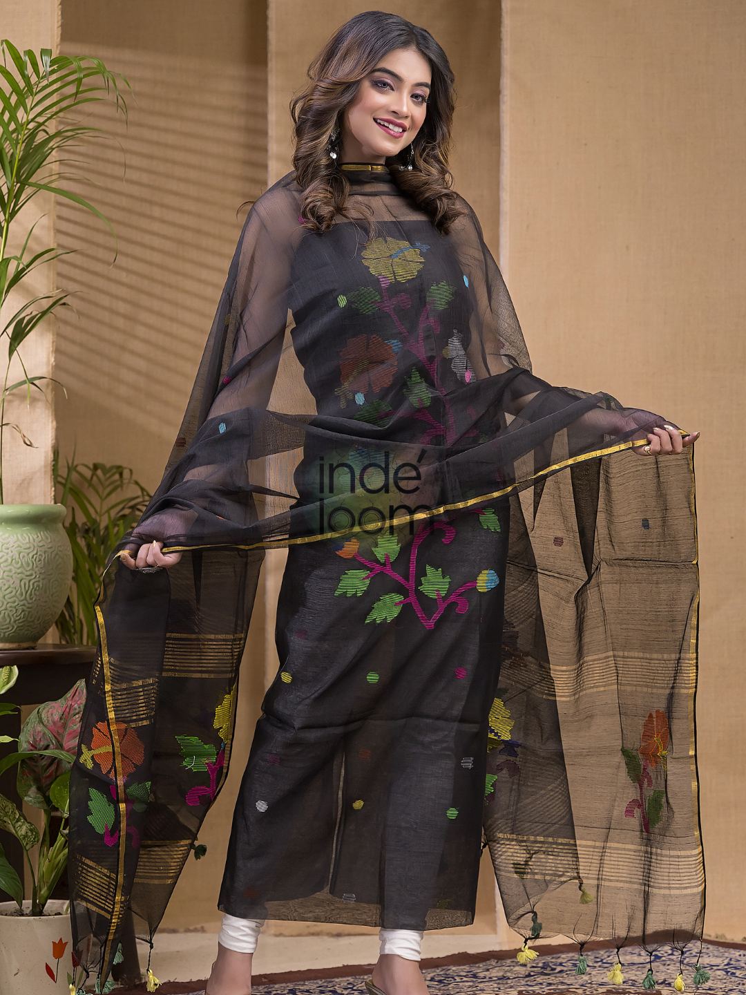 Off Black Jamdani 2-Piece Set Kurti & Dupatta (UNSTITCHED) -617