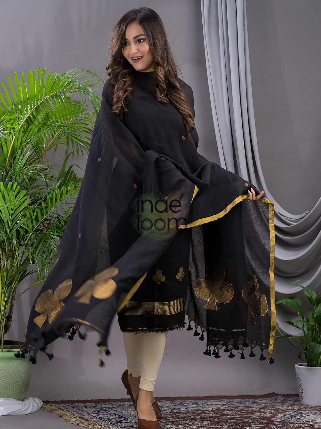Rich Black Cotton Linen 2-Piece Set Kurti & Dupatta (UNSTITCHED) - 122