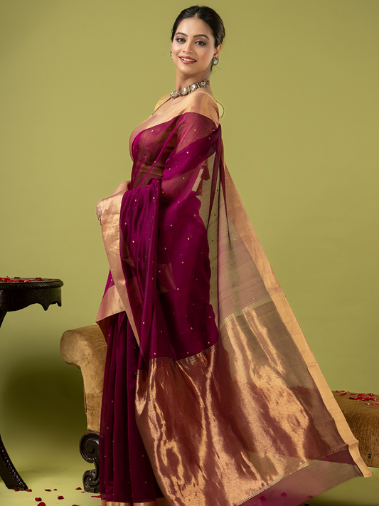 Handwoven Chanderi Silk Cotton Saree | Deep Wine