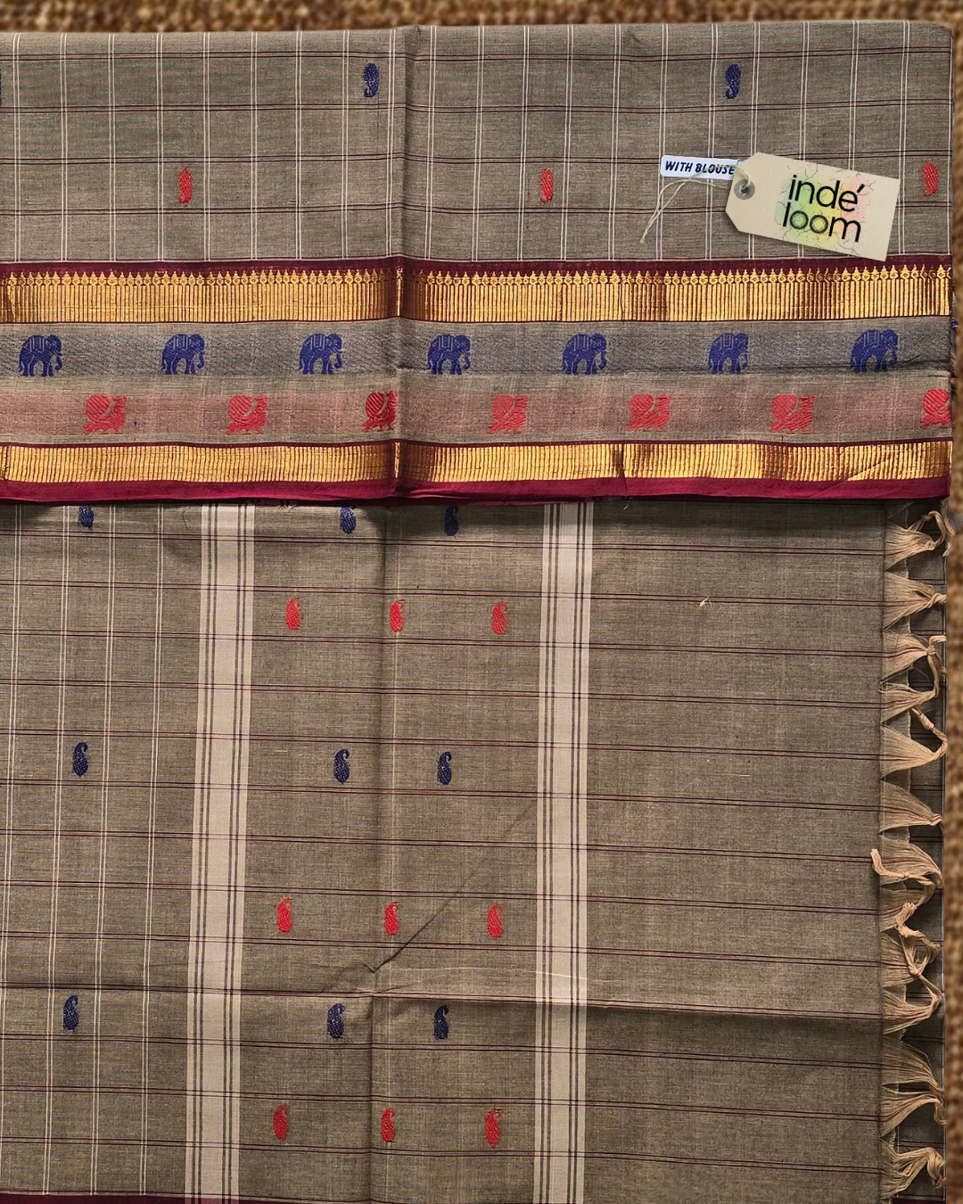 Kanchi Cotton|Dark Grey & Maroon