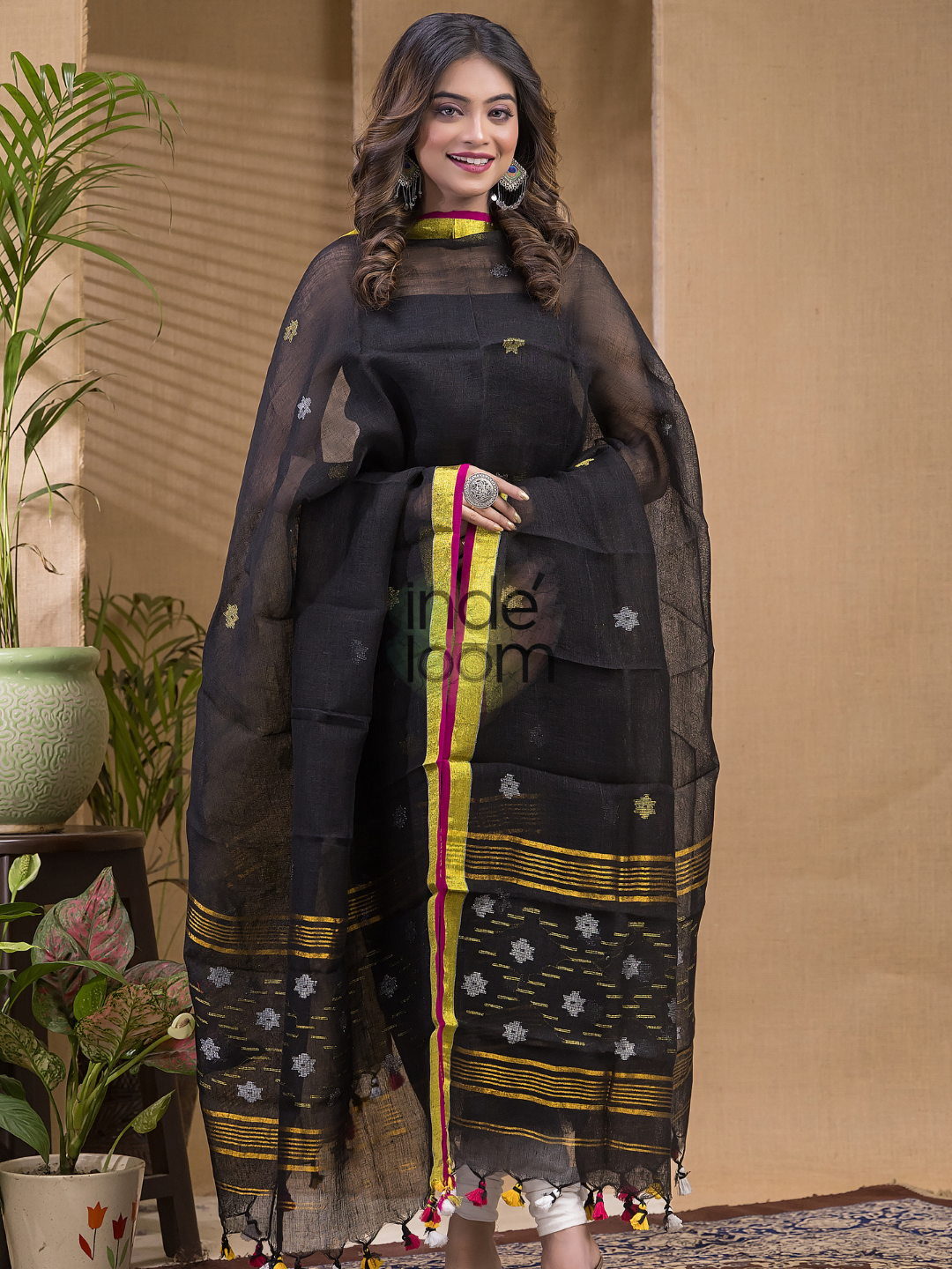 Rich Black Pure Linen Suit 2 Piece Set Kurti & Dupatta (UNSTITCHED) -618