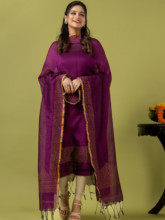 Handwoven Jamdani cotton Unstitched 2-piece Kurti | Deep Magenta Purple