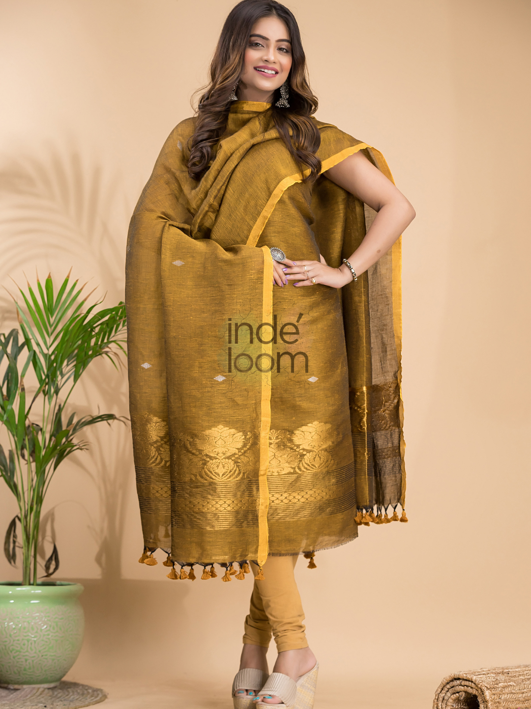 Antique Olive | Handloom Jamdani Linen Unstitched 2-Piece Kurti | Benaras Design