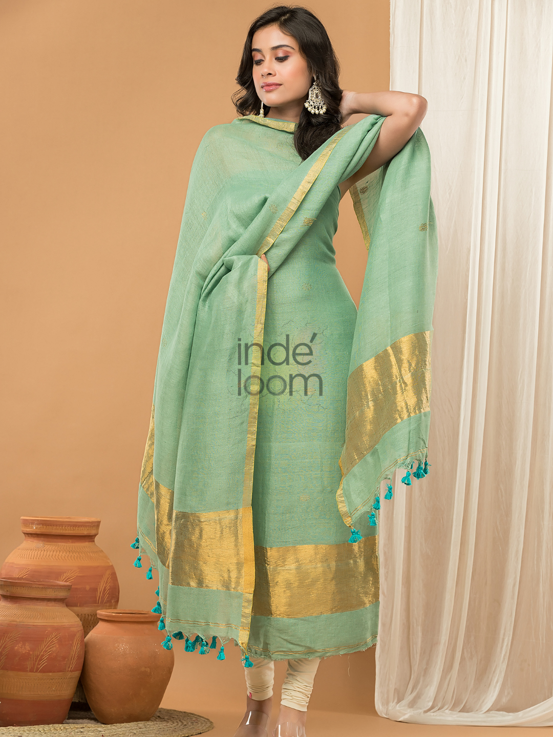 Pastel Green color with gold Jamdani 2-Piece Set Kurti & Dupatta (UNSTITCHED) - 160