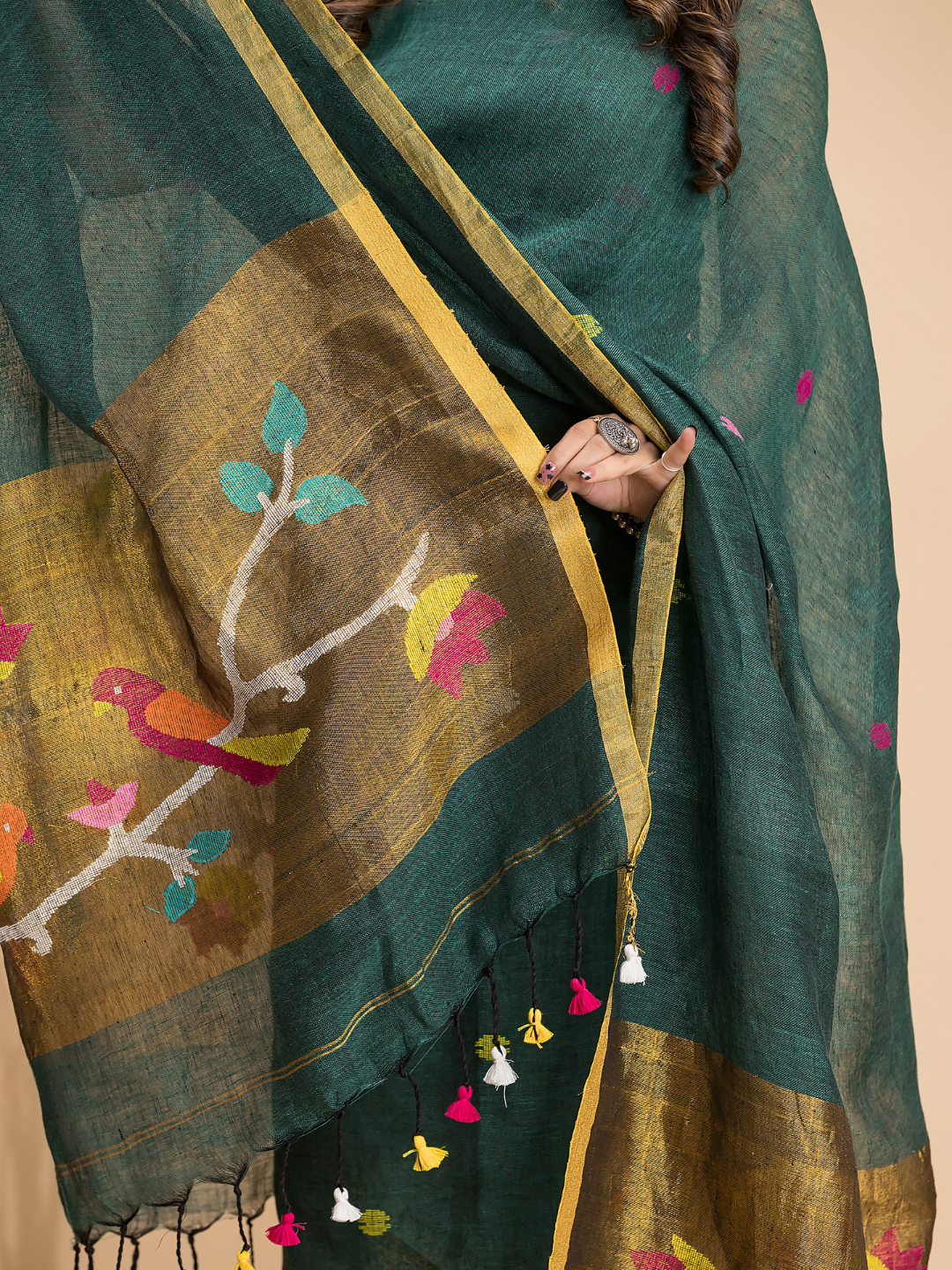 Seafoam Green | Handloom Jamdani Linen Unstitched 2-Piece Kurti | Paithani Design