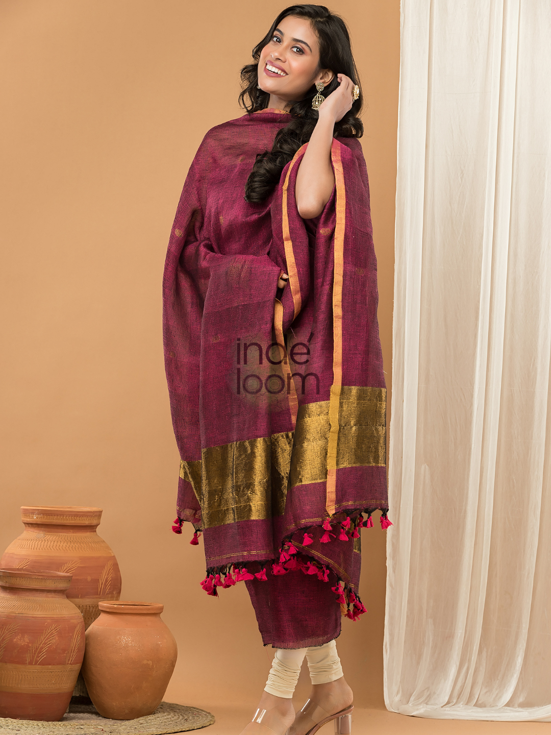 Linen Jamdani Unstitched 2-Piece Kurti  |  Wine Red