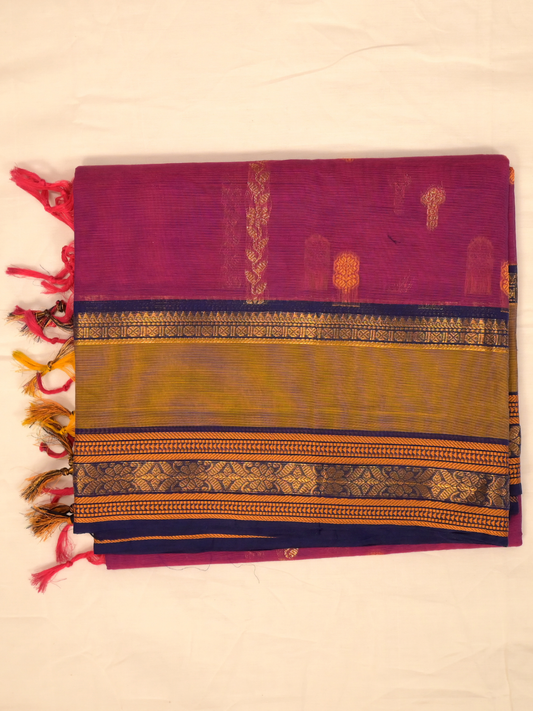 Kanchi Cotton|Magenta & Mustard Yellow/ Dark Purple
