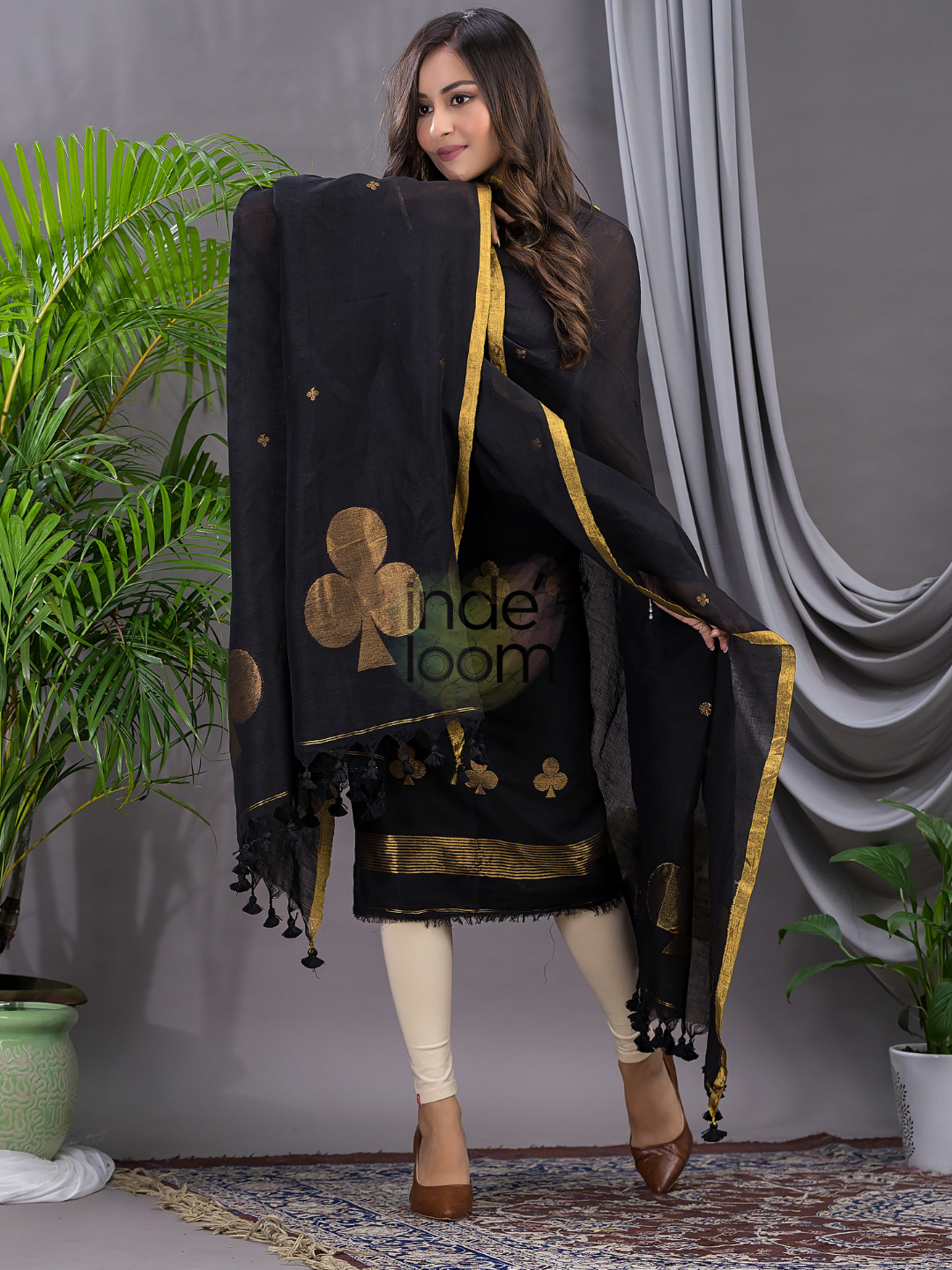 Rich Black Cotton Linen 2-Piece Set Kurti & Dupatta (UNSTITCHED) - 122