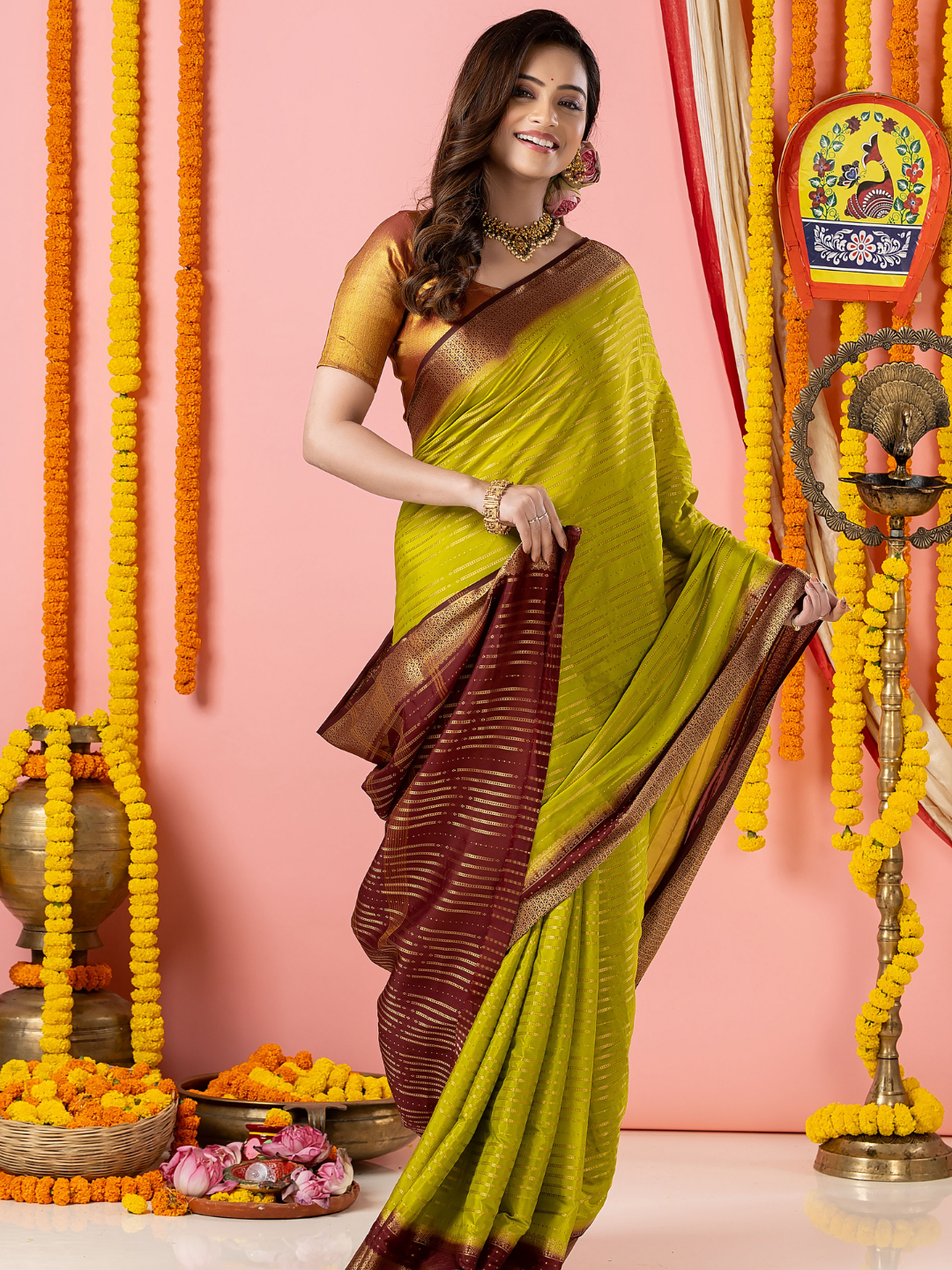 Classic Mysore Semi Silk Saree | Lime Olive Green
