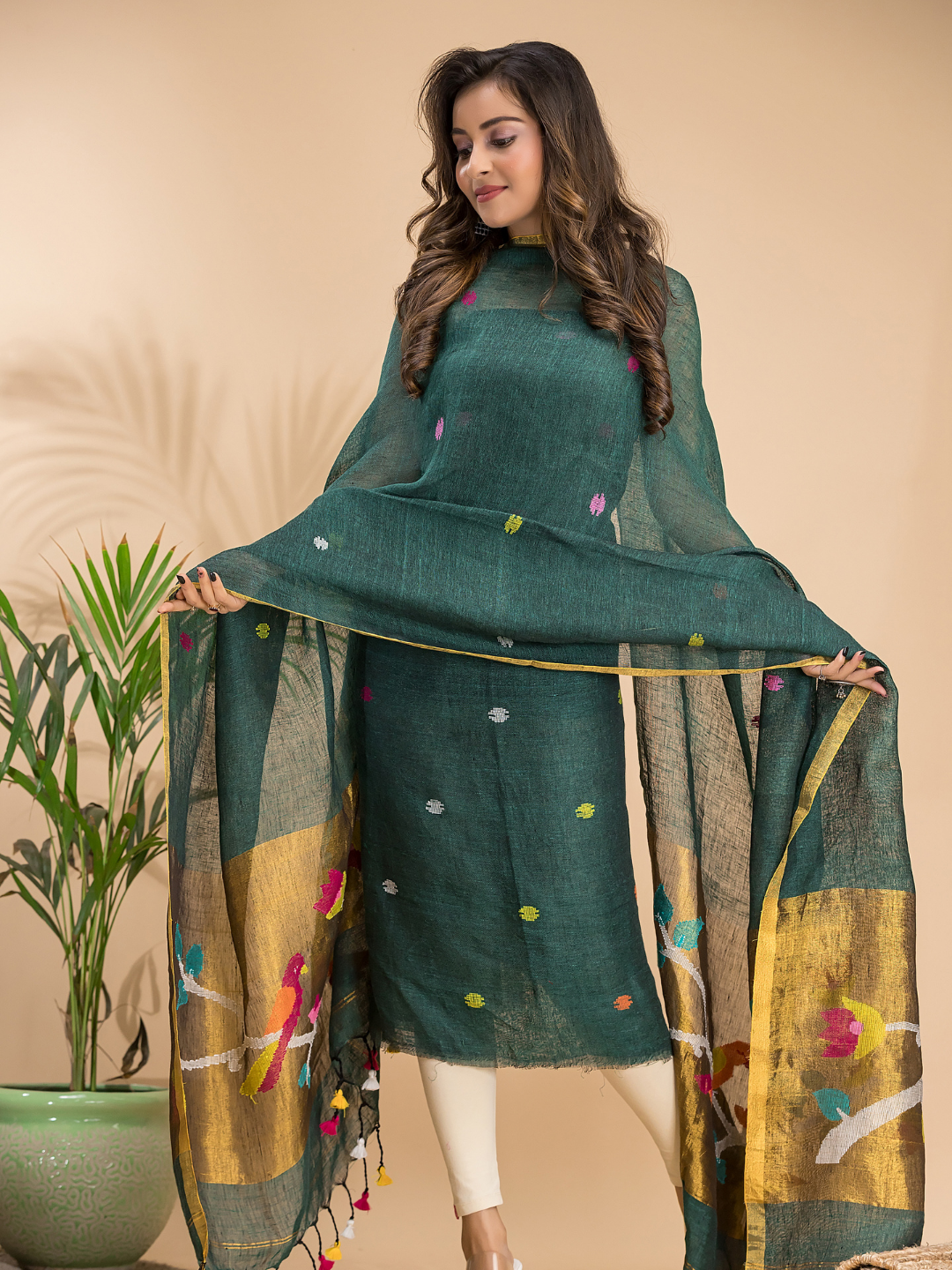 Seafoam Green | Handloom Jamdani Linen Unstitched 2-Piece Kurti | Paithani Design