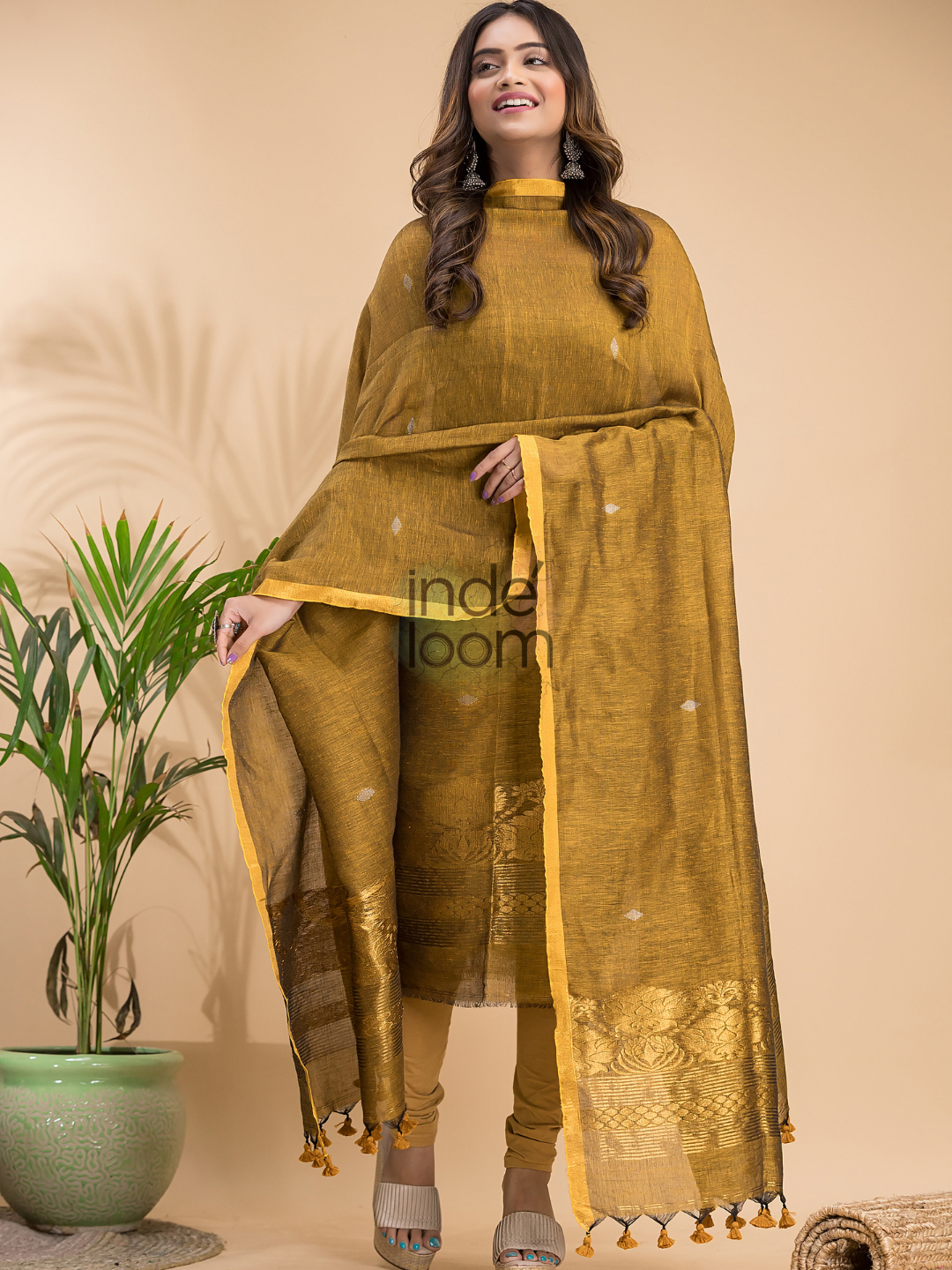 Antique Olive | Handloom Jamdani Linen Unstitched 2-Piece Kurti | Benaras Design