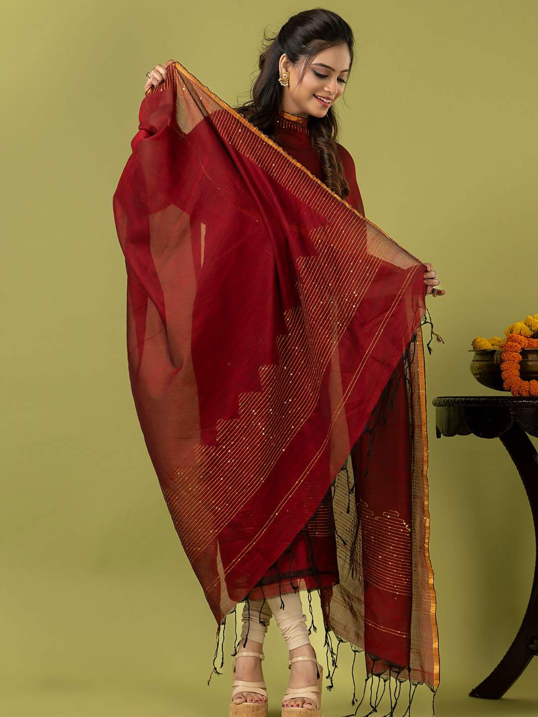Handwoven Jamdani cotton Unstitched 2-piece Kurti | Crimson Red