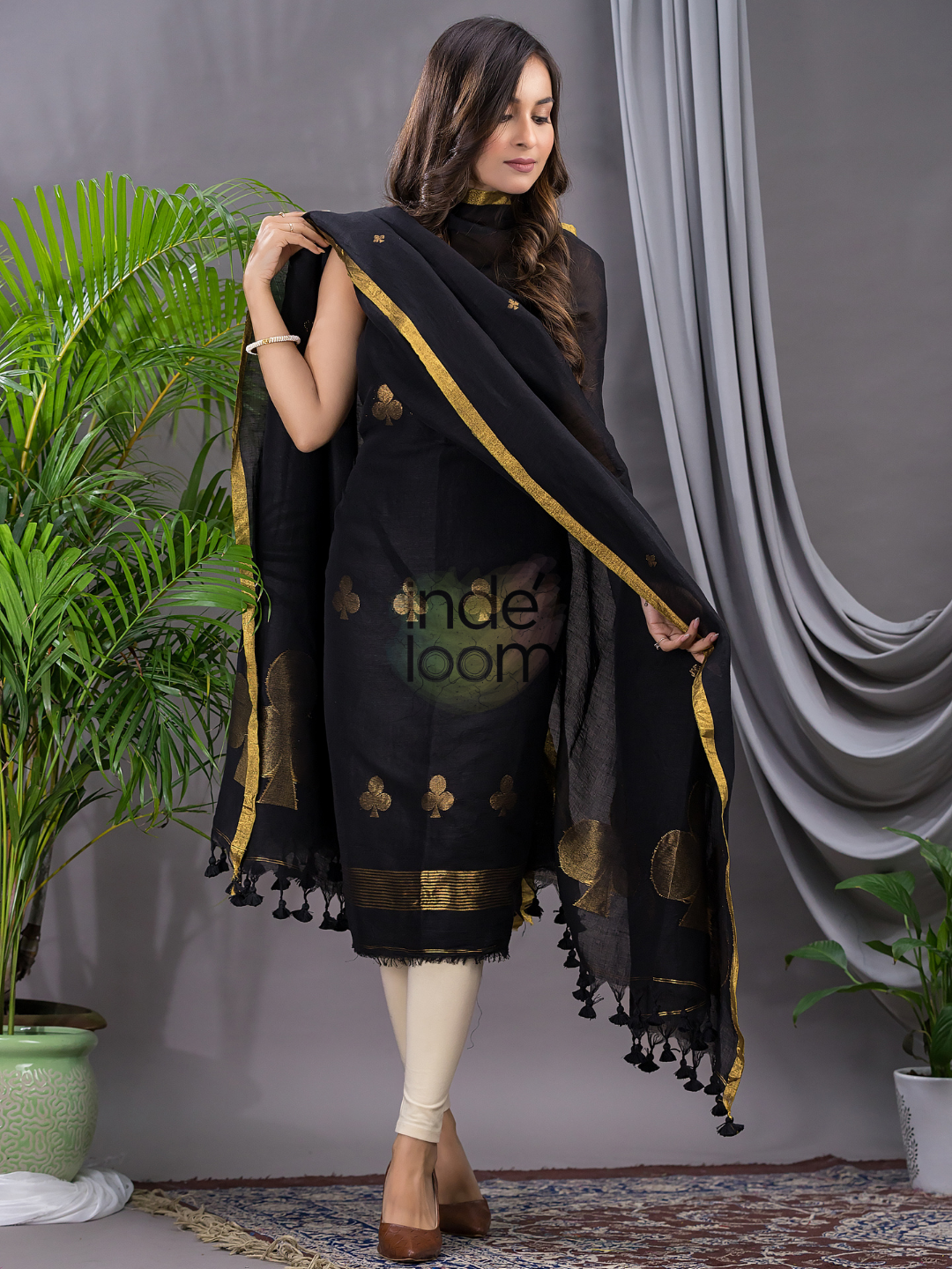 Rich Black Cotton Linen 2-Piece Set Kurti & Dupatta (UNSTITCHED) - 122