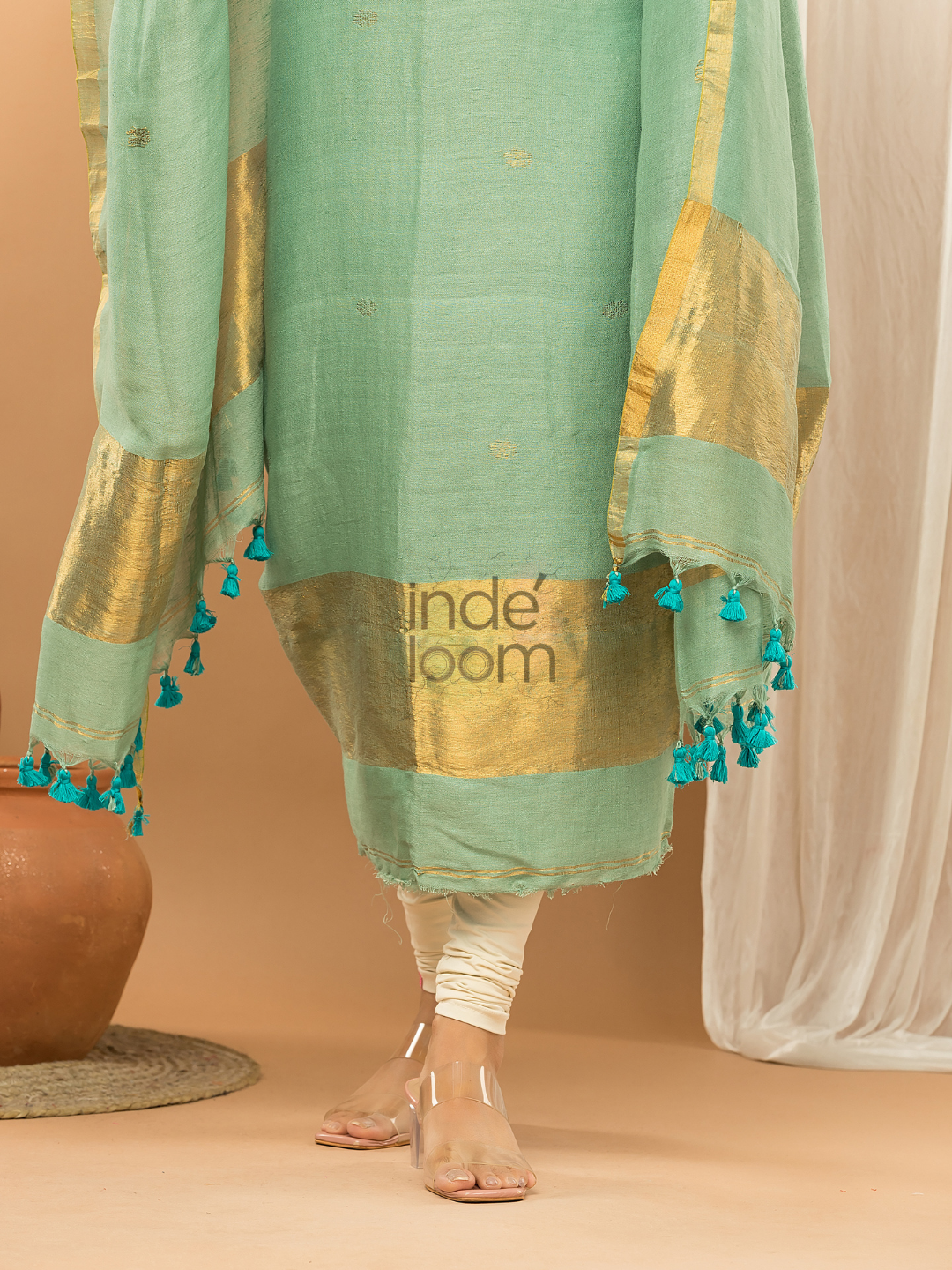 Pastel Green color with gold Jamdani 2-Piece Set Kurti & Dupatta (UNSTITCHED) - 160
