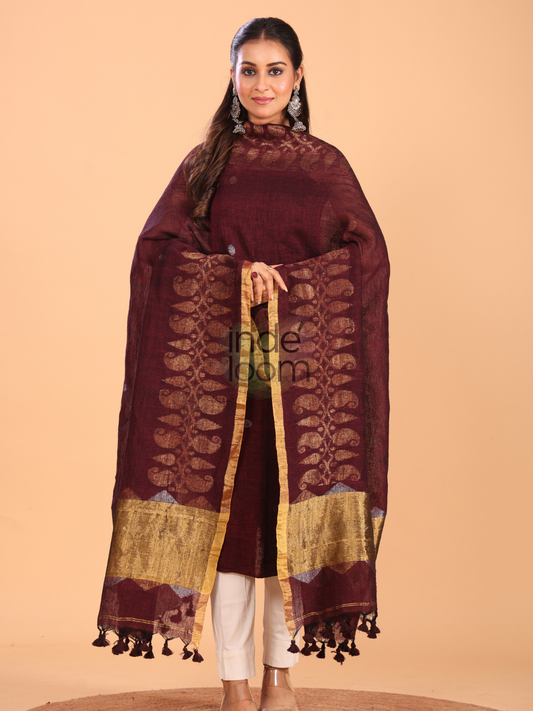 Red Brown Linen Jamdani 2-Piece Set Kurti & Dupatta (UNSTITCHED) - 072