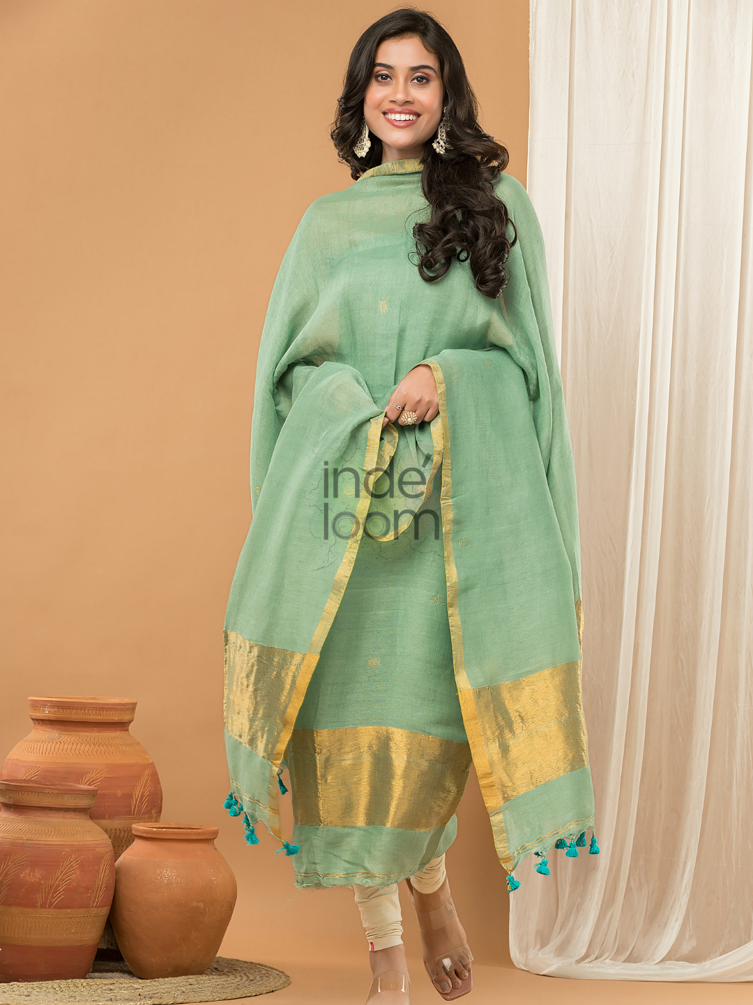 Pastel Green color with gold Jamdani 2-Piece Set Kurti & Dupatta (UNSTITCHED) - 160