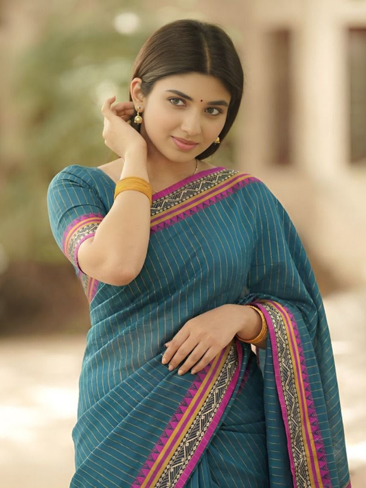 Handloom Narayanpet Cotton Saree | Teal Blue