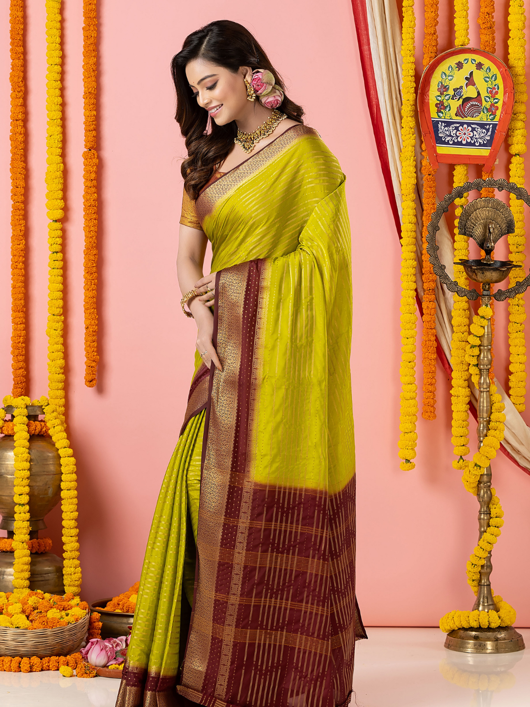 Classic Mysore Semi Silk Saree | Lime Olive Green