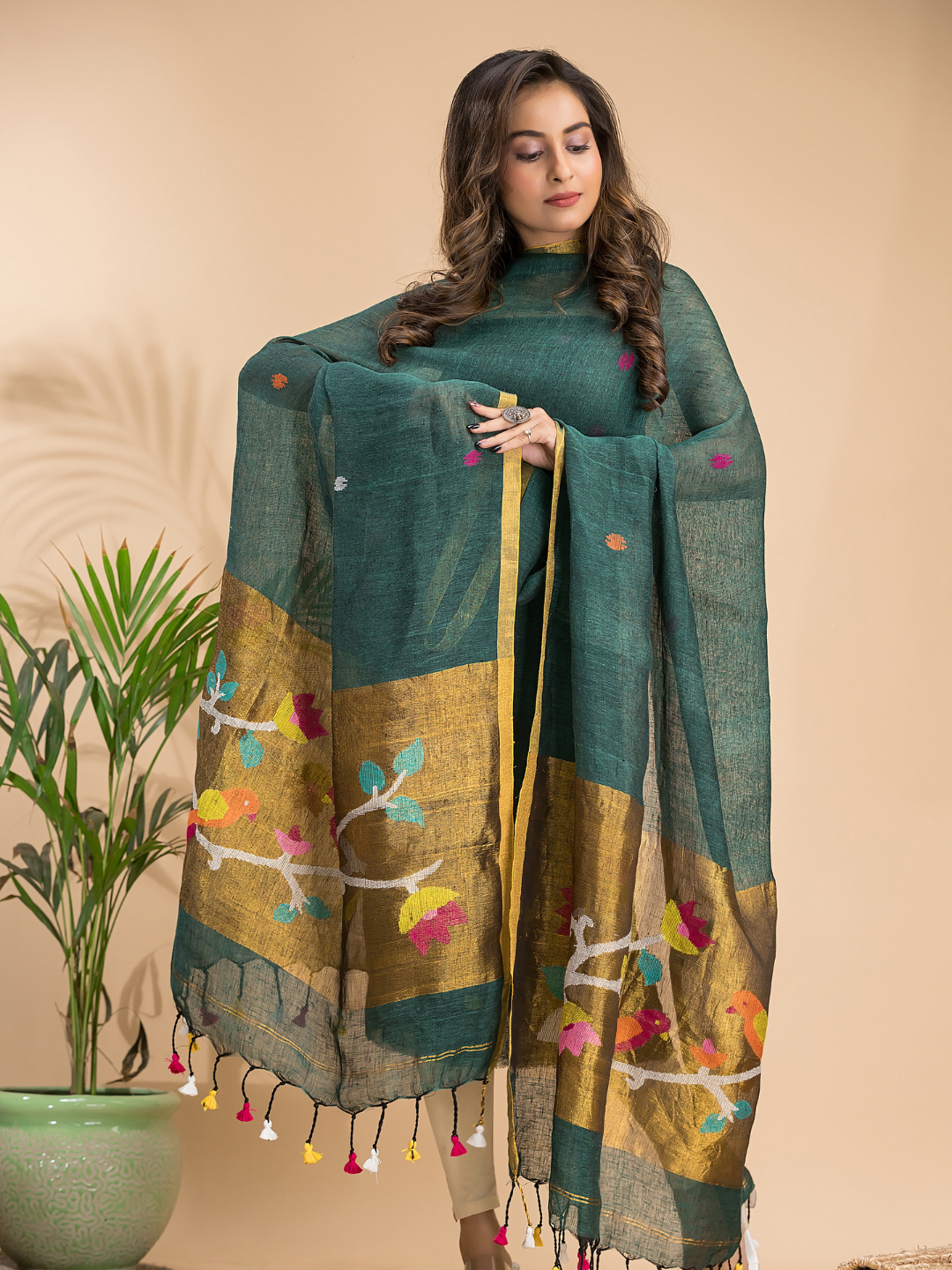 Seafoam Green | Handloom Jamdani Linen Unstitched 2-Piece Kurti | Paithani Design