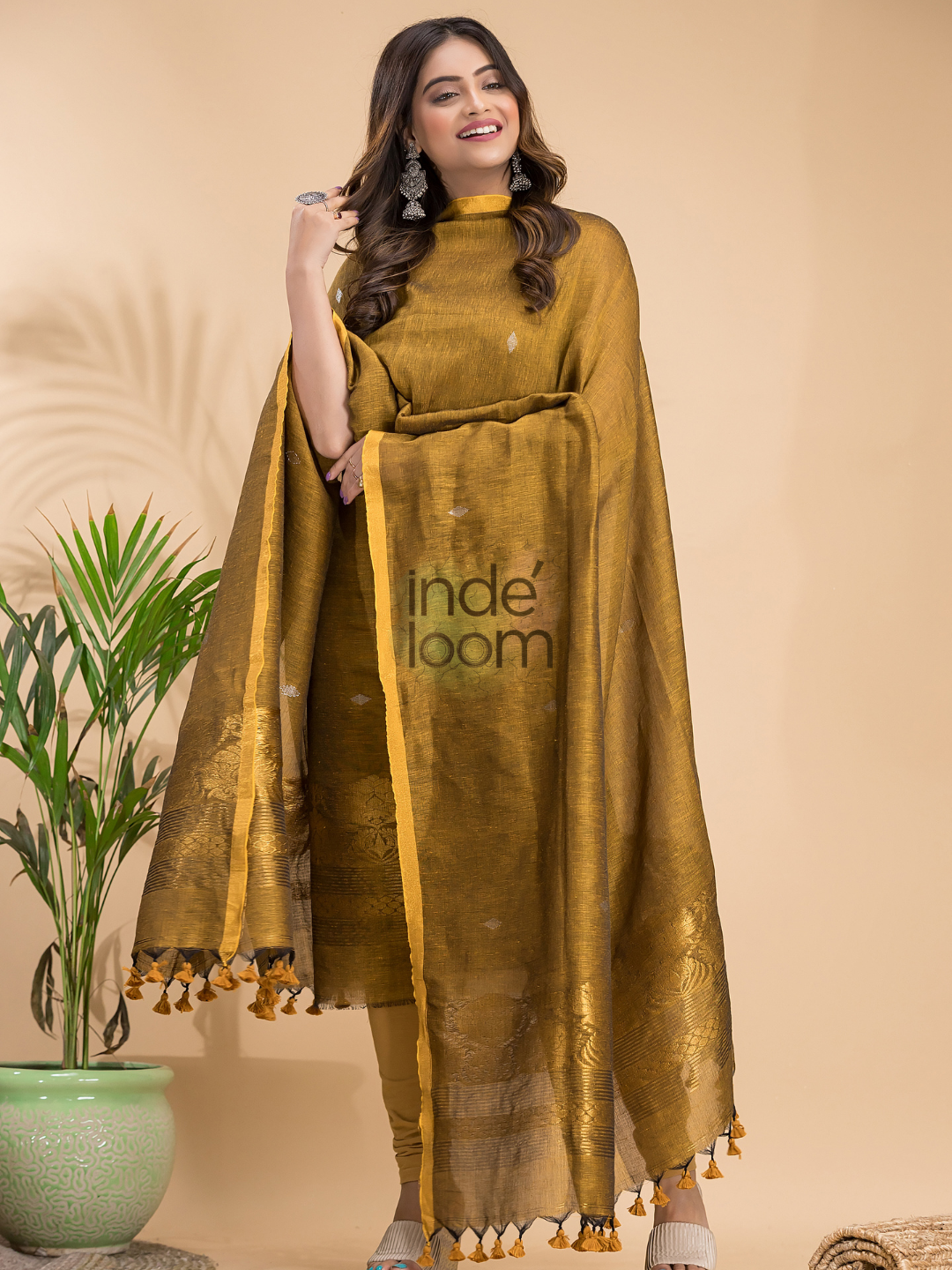 Antique Olive | Handloom Jamdani Linen Unstitched 2-Piece Kurti | Benaras Design