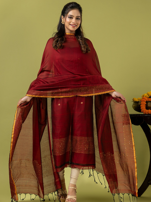 Handwoven Jamdani cotton Unstitched 2-piece Kurti | Crimson Red