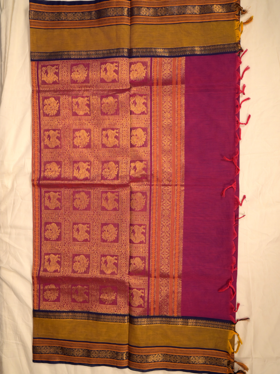Kanchi Cotton|Magenta & Mustard Yellow/ Dark Purple