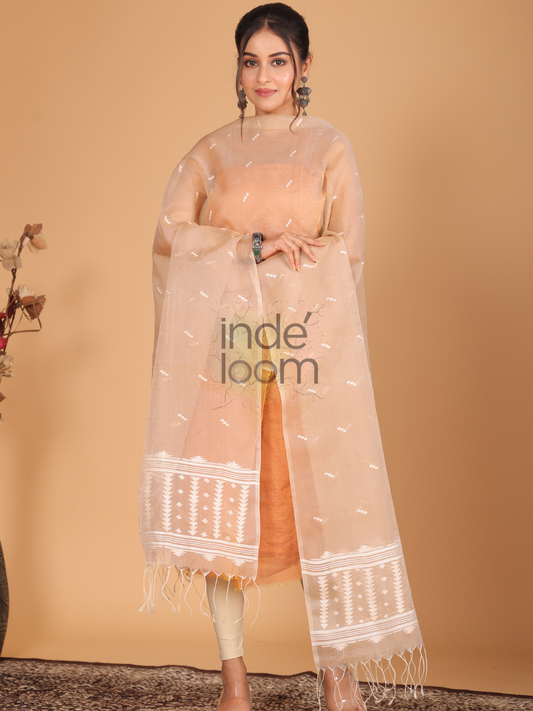 Pure Handloom Muslin Jamdani Dupatta With Light Baby Pink - 036