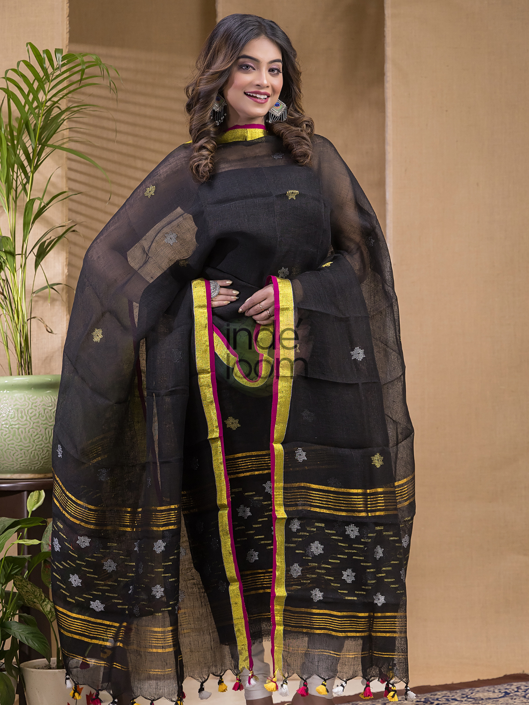 Rich Black Pure Linen Suit 2 Piece Set Kurti & Dupatta (UNSTITCHED) -618
