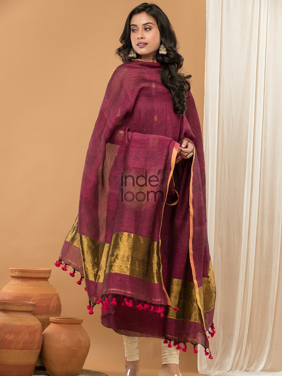 Linen Jamdani Unstitched 2-Piece Kurti  |  Wine Red