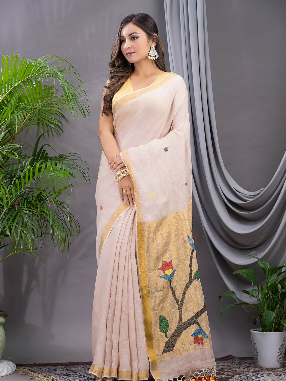 Linen Jamdani Saree With Ivory White - 024