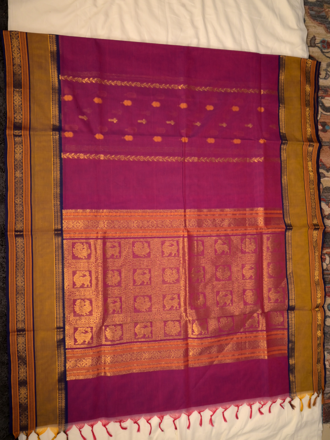 Kanchi Cotton|Magenta & Mustard Yellow/ Dark Purple