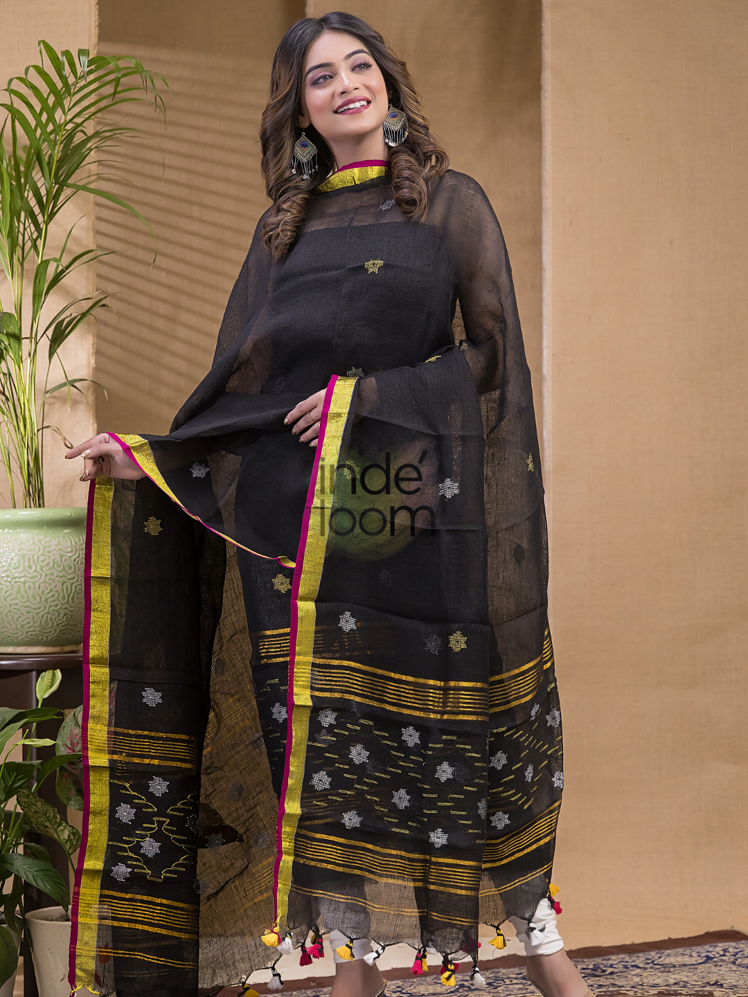 Rich Black Pure Linen Suit 2 Piece Set Kurti & Dupatta (UNSTITCHED) -618