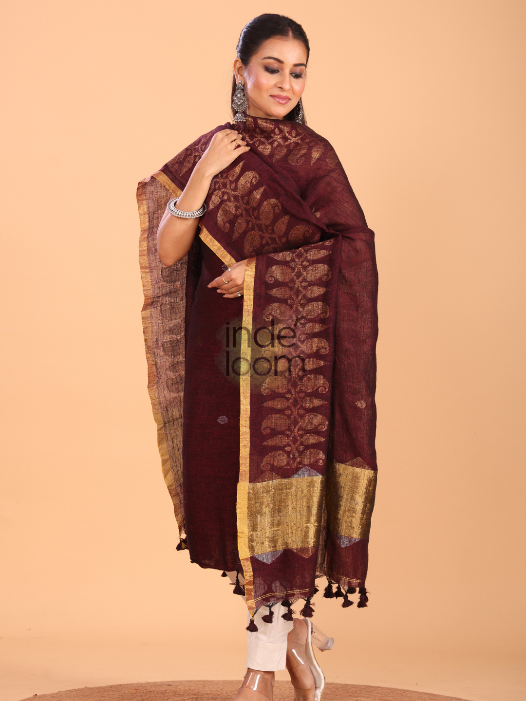 Red Brown Linen Jamdani 2-Piece Set Kurti & Dupatta (UNSTITCHED) - 072