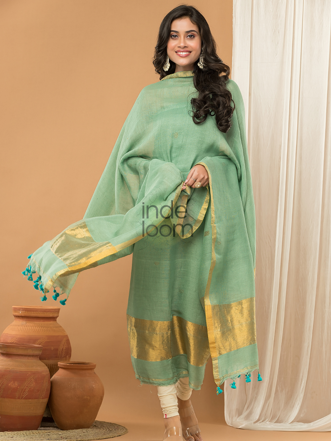 Pastel Green color with gold Jamdani 2-Piece Set Kurti & Dupatta (UNSTITCHED) - 160
