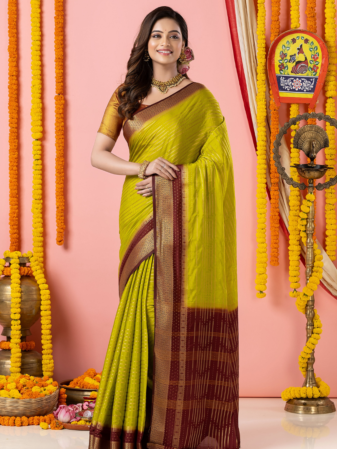 Classic Mysore Semi Silk Saree | Lime Olive Green