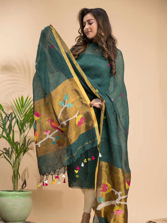 Jungule Green Linen X Linen 2-Piece Set Kurti & Dupatta (UNSTITCHED) - 100