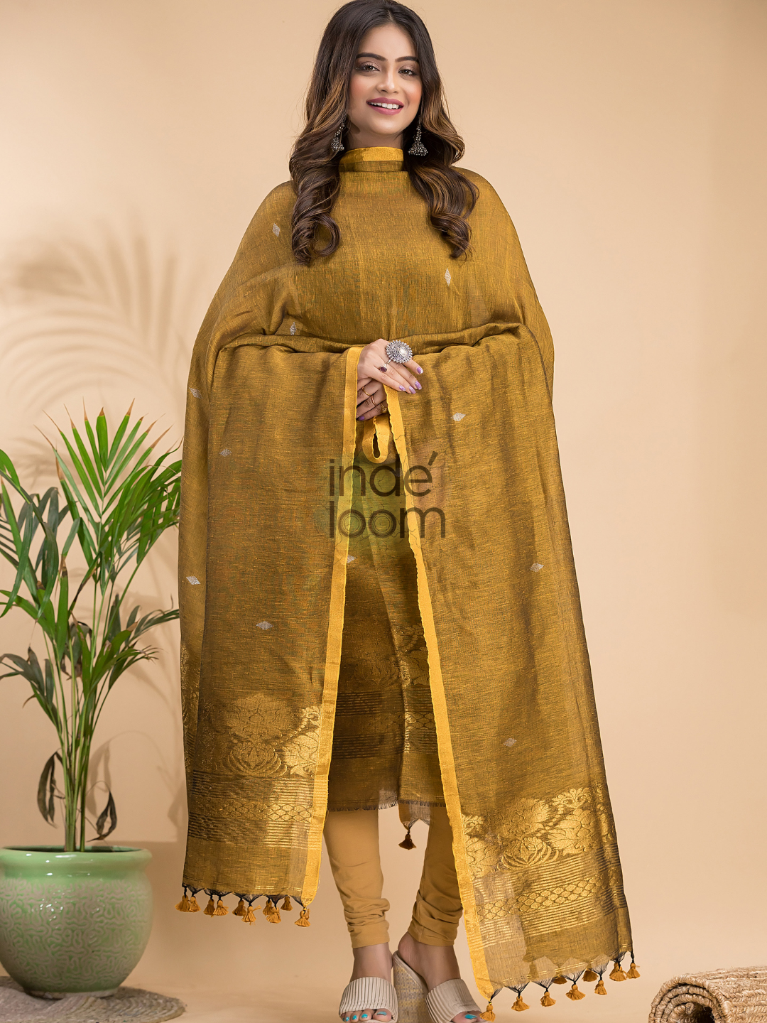 Antique Olive | Handloom Jamdani Linen Unstitched 2-Piece Kurti | Benaras Design