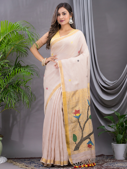 Handwoven Pure Jamdani Linen Saree  |  Warm Ivory