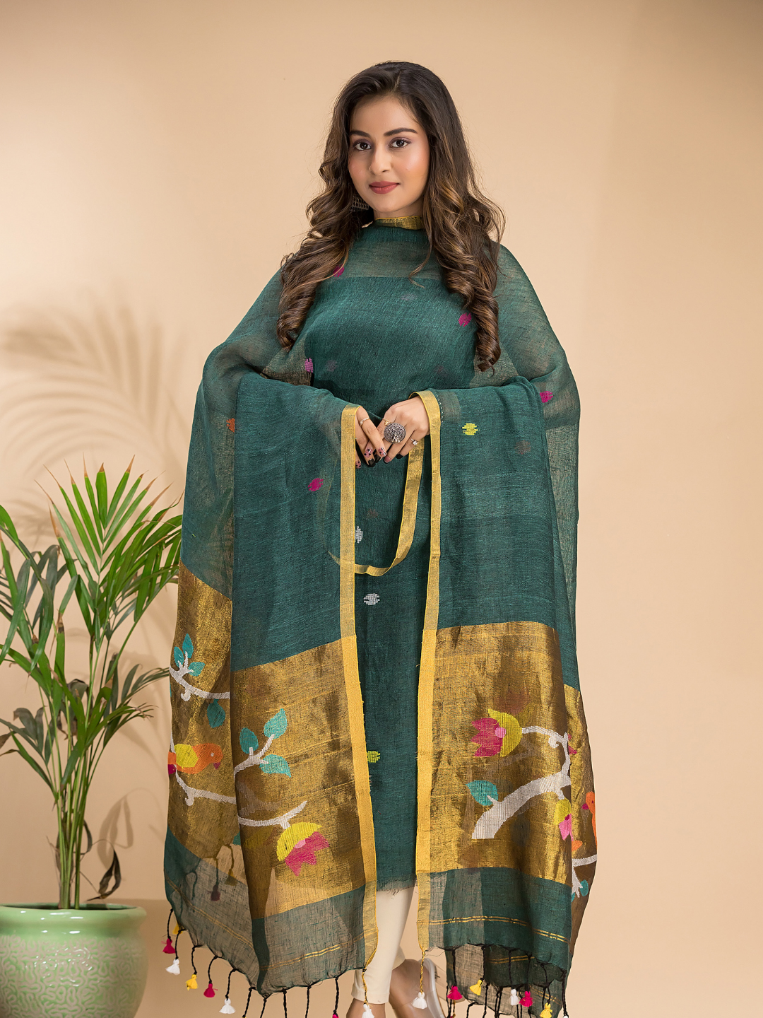 Seafoam Green | Handloom Jamdani Linen Unstitched 2-Piece Kurti | Paithani Design