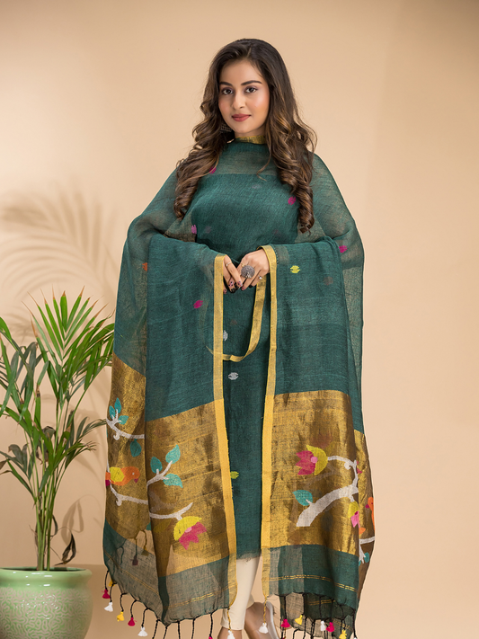 Jungule Green Linen X Linen 2-Piece Set Kurti & Dupatta (UNSTITCHED) - 100