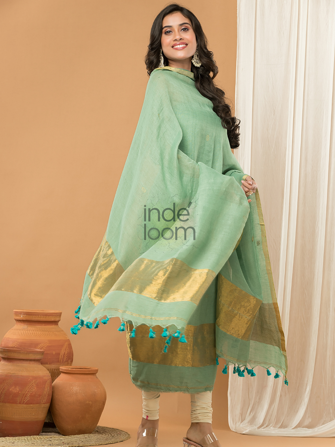 Pastel Green color with gold Jamdani 2-Piece Set Kurti & Dupatta (UNSTITCHED) - 160