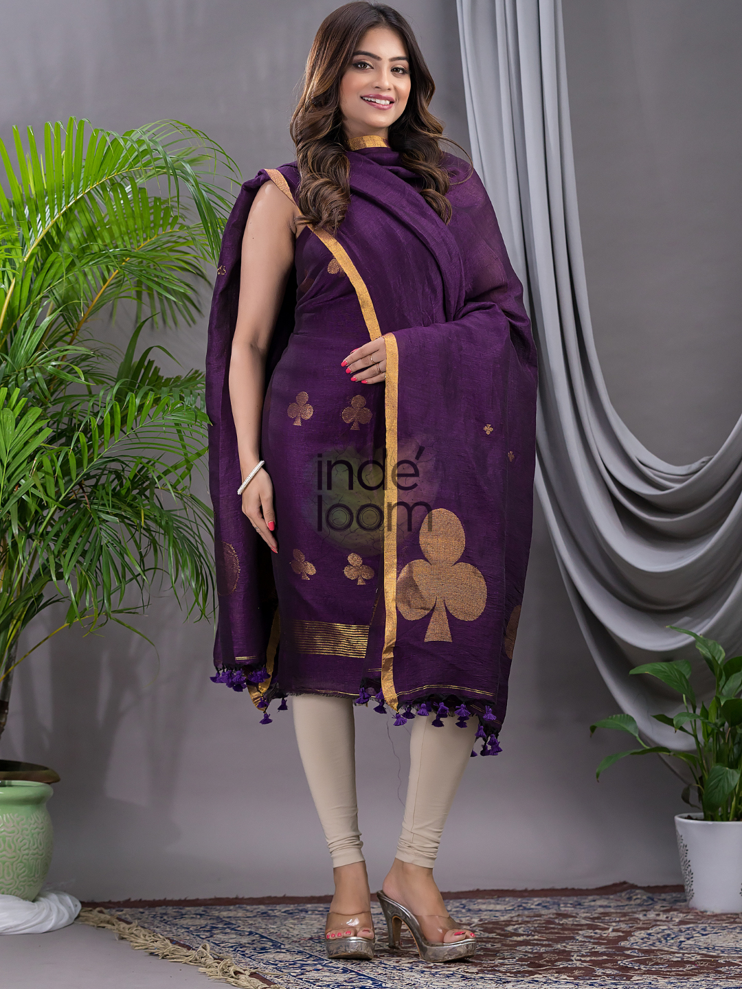 Wine Purple Cotton Linen 2-Piece Set Kurti & Dupatta (UNSTITCHED) - 123