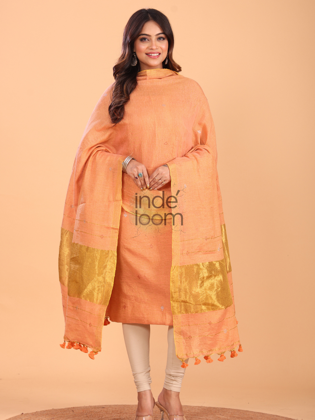 Coral Orange Tissue Linen Jamdani 2-Piece Set Kurti & Dupatta (UNSTITCHED) - 073