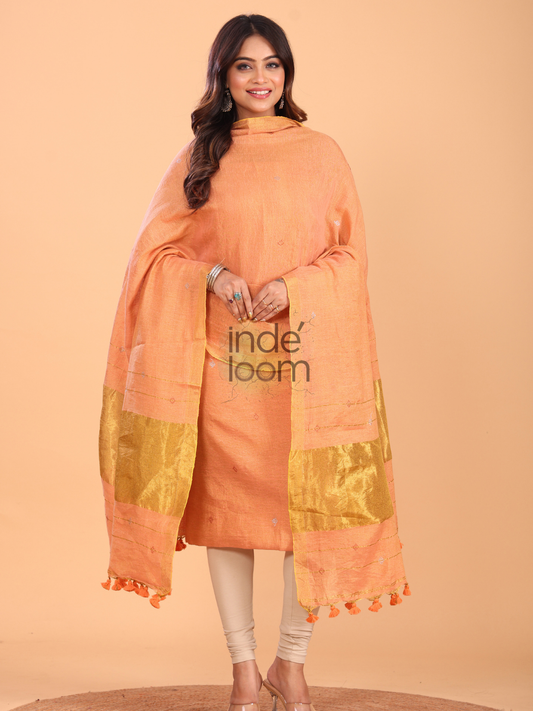 Handwoven Jamdani Linen Unstitched 2-piece Kurti  |  Copper Orange