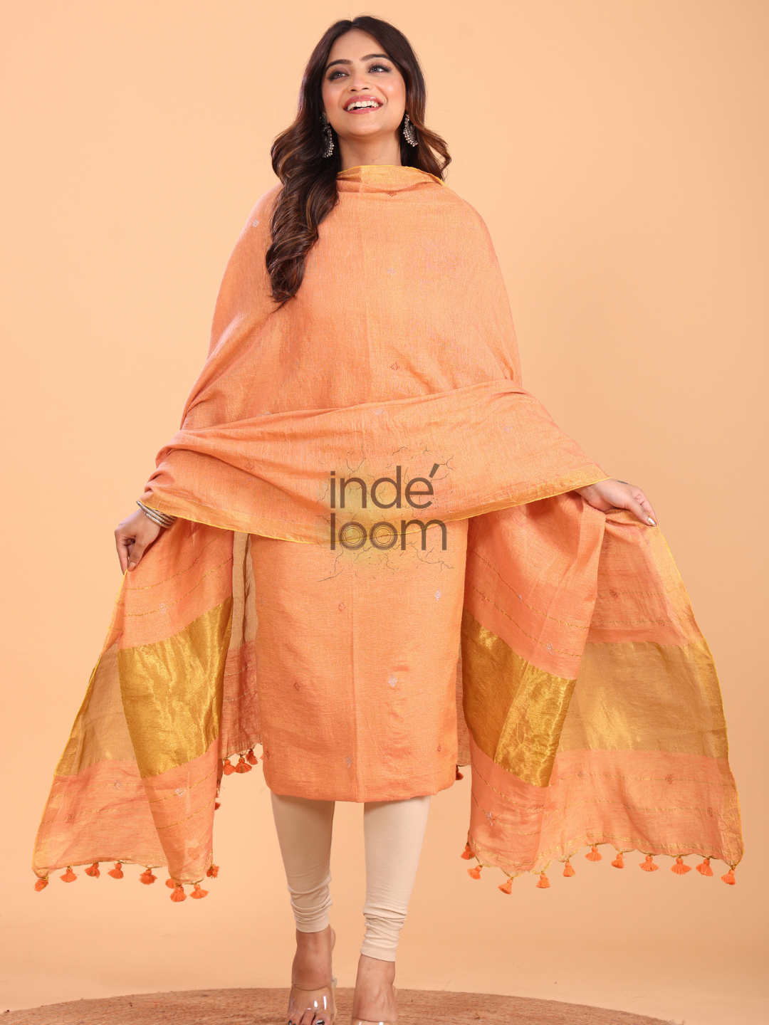 Coral Orange Tissue Linen Jamdani 2-Piece Set Kurti & Dupatta (UNSTITCHED) - 073