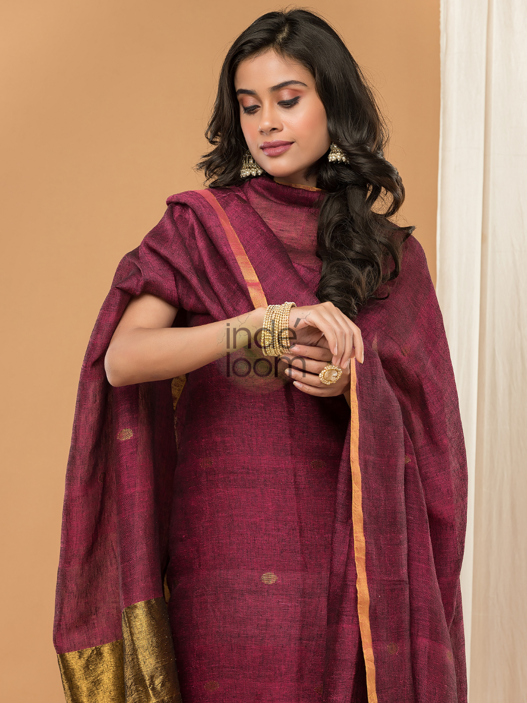 Linen Jamdani Unstitched 2-Piece Kurti  |  Wine Red