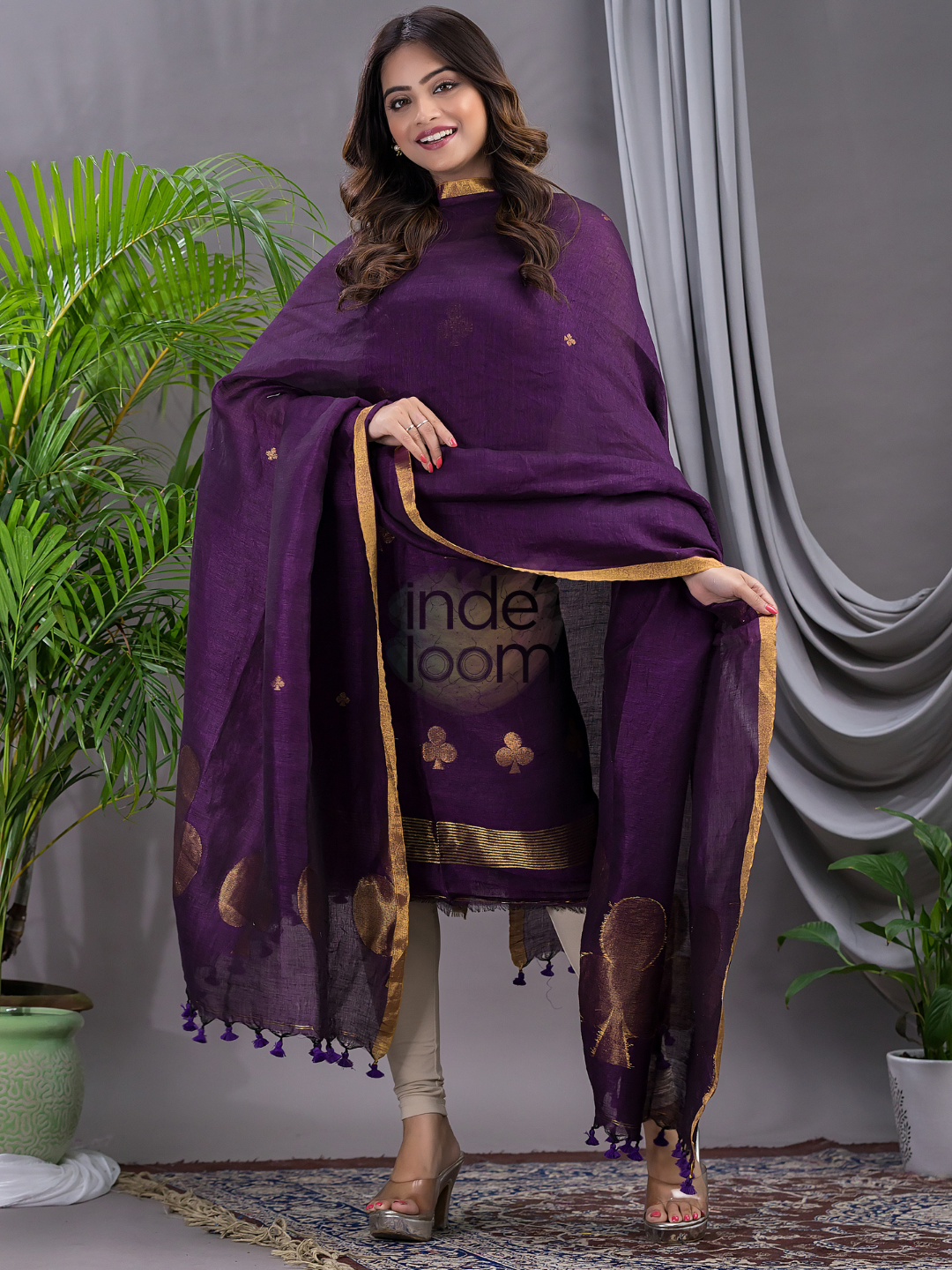 Wine Purple Cotton Linen 2-Piece Set Kurti & Dupatta (UNSTITCHED) - 123