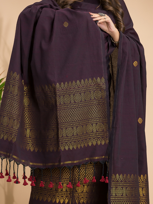 Umber Brown Organic Linen 2-Piece Set Kurti & Dupatta (UNSTITCHED) - 101