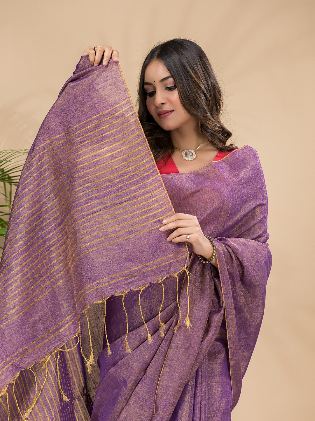 Tissue Linen Handloom Saree With Grape Purple - 017